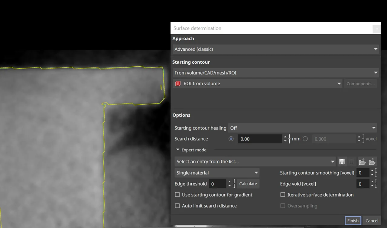 Surface determination dialog with search distance set to 0