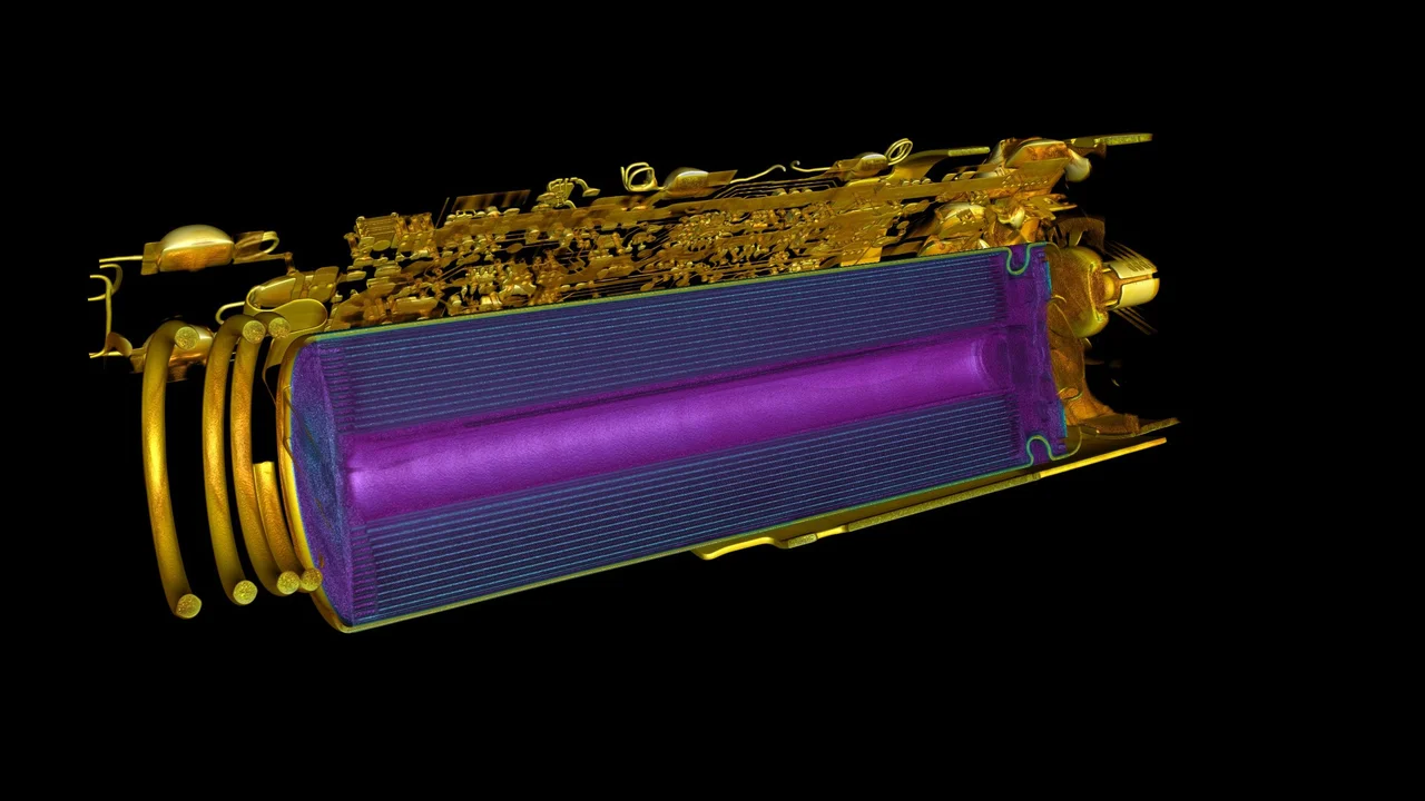 ﻿Les analyses de défauts basées sur des données CT permettent d’identifier les pores et inclusions et de déterminer leur taille et forme (cube de densité 10 x 10 x 10 mm, AlSi10Mg ; source :&nbsp;FIT AG)