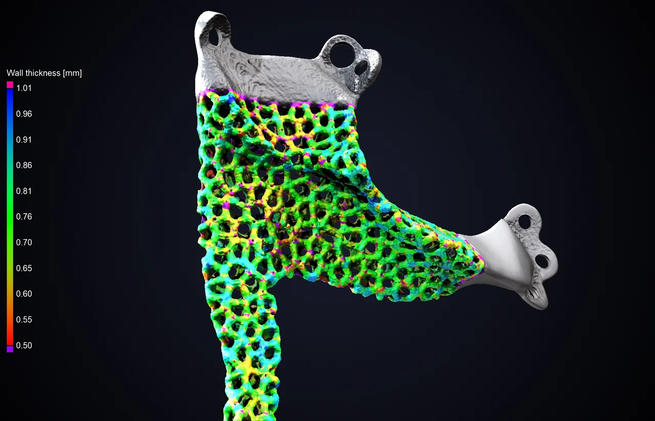 Wall thickness analysis on the part, which is color-coded based on wall thickness