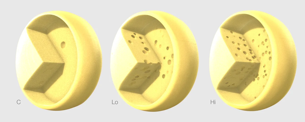 Three cheese wheels sliced with virtual tools