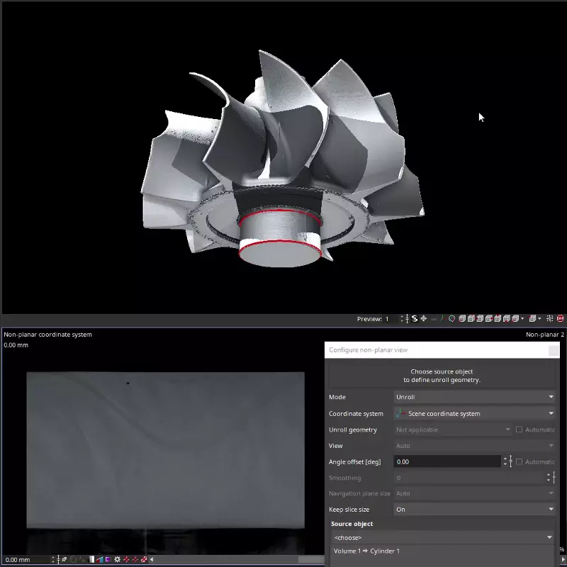 Use the non-planar view to unroll the turbine and inspect the blades from all angles