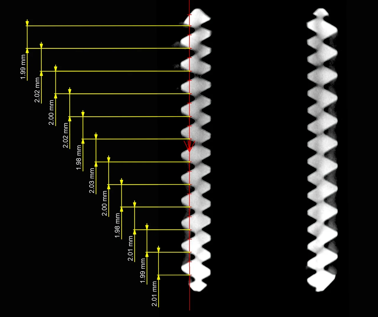 Measuring the pitch along the length of the screw: the average is 2 mm