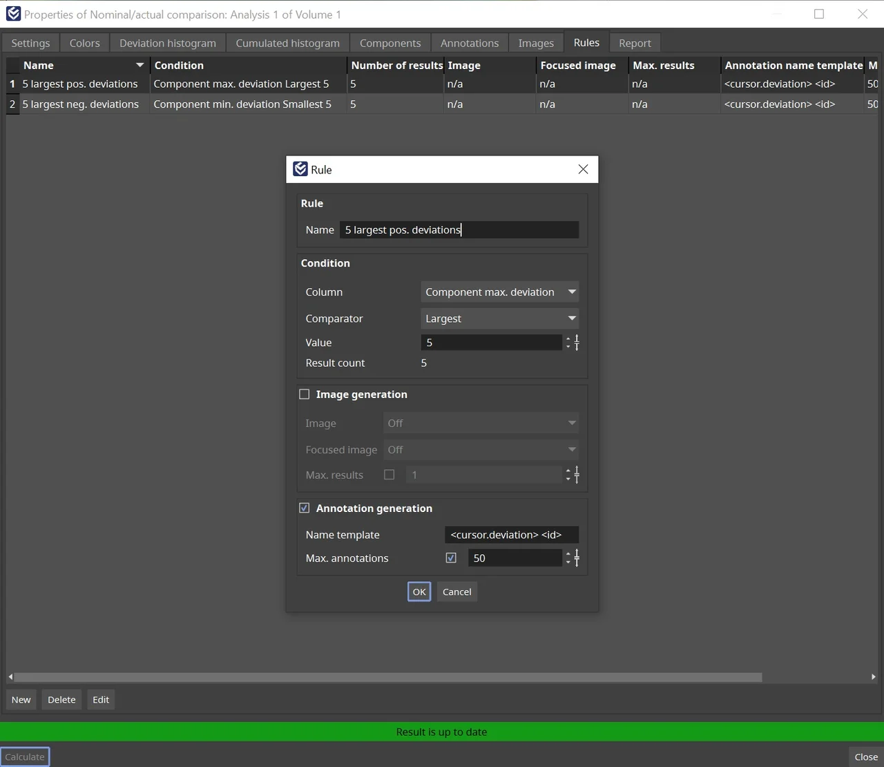 Rule creation dialog for nominal/actual comparison